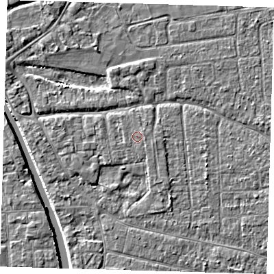 Shaded relief map of the ground around PE219AF, computed from Environment Agency LiDAR. The ground here sits at about 3 m above sea level and falls 4 m across the surrounding 800 m. Surface water reaching this point runs off ground lying to the east-north-east, 0.5 m higher.