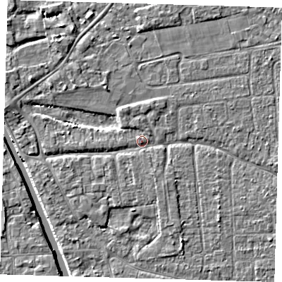 Shaded relief map of the ground around PE219AH, computed from Environment Agency LiDAR. The ground here sits at about 3 m above sea level and falls 4 m across the surrounding 800 m. Surface water reaching this point runs off ground lying to the west-north-west, 2.2 m higher.