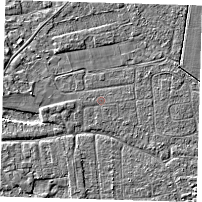 Shaded relief map of the ground around PE219AL, computed from Environment Agency LiDAR. The ground here sits at about 2 m above sea level and falls 3 m across the surrounding 800 m. The ground contributing surface water to this point lies to the south-south-west.