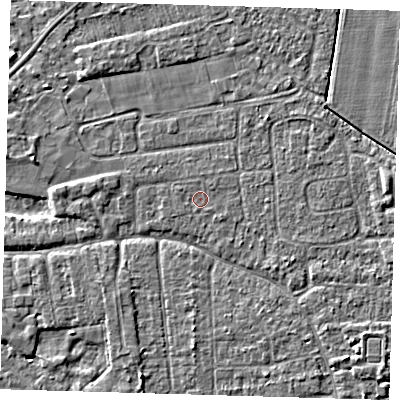 Shaded relief map of the ground around PE219AN, computed from Environment Agency LiDAR. The ground here sits at about 2 m above sea level and falls 3 m across the surrounding 800 m. The ground contributing surface water to this point lies to the west-north-west.