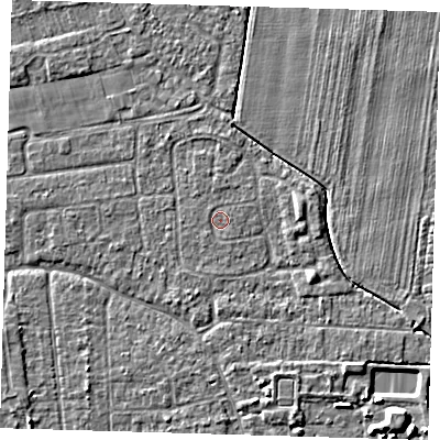 Shaded relief map of the ground around PE219AR, computed from Environment Agency LiDAR. The ground here sits at about 2 m above sea level and falls 5 m across the surrounding 800 m. The ground contributing surface water to this point lies to the north-north-east.