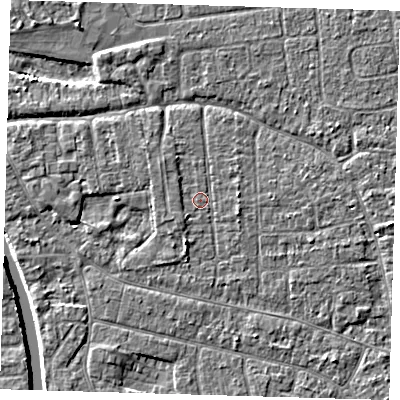 Shaded relief map of the ground around PE219AS, computed from Environment Agency LiDAR. The ground here sits at about 2 m above sea level and falls 4 m across the surrounding 800 m. Surface water reaching this point runs off ground lying to the north-west, 1.1 m higher.