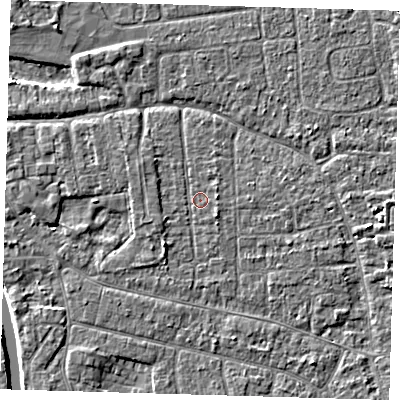 Shaded relief map of the ground around PE219AT, computed from Environment Agency LiDAR. The ground here sits at about 2 m above sea level and falls 4 m across the surrounding 800 m. Surface water reaching this point runs off ground lying to the west-north-west, 1.1 m higher.