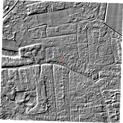 Shaded relief map of the ground around PE219AU, computed from Environment Agency LiDAR. The ground here sits at about 2 m above sea level and falls 3 m across the surrounding 800 m. Surface water reaching this point runs off ground lying to the south-west, 1.7 m higher.