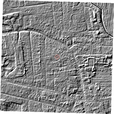 Shaded relief map of the ground around PE219BA, computed from Environment Agency LiDAR. The ground here sits at about 3 m above sea level and falls 3 m across the surrounding 800 m. The ground contributing surface water to this point lies to the west-south-west.