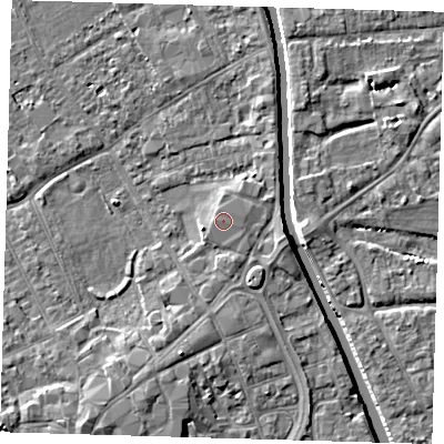 Shaded relief map of the ground around PE219BD, computed from Environment Agency LiDAR. The ground here sits at about 4 m above sea level and falls 7 m across the surrounding 800 m. The ground contributing surface water to this point lies to the north-north-west.