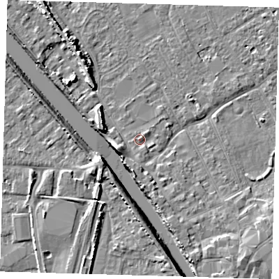 Shaded relief map of the ground around PE219BE, computed from Environment Agency LiDAR. The ground here sits at about 3 m above sea level and falls 8 m across the surrounding 800 m. Surface water reaching this point runs off ground lying to the south, 1.4 m higher.