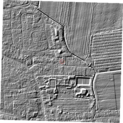 Shaded relief map of the ground around PE219BG, computed from Environment Agency LiDAR. The ground here sits at about 2 m above sea level and falls 5 m across the surrounding 800 m. Surface water reaching this point runs off ground lying to the south-south-east, 1.8 m higher.
