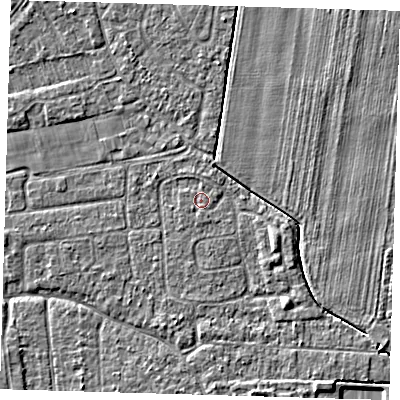 Shaded relief map of the ground around PE219BH, computed from Environment Agency LiDAR. The ground here sits at about 2 m above sea level and falls 3 m across the surrounding 800 m. The ground contributing surface water to this point lies to the south.