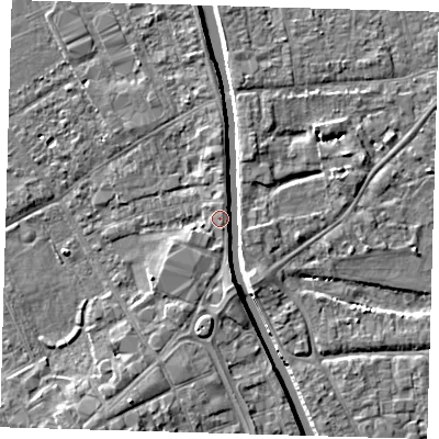 Shaded relief map of the ground around PE219BN, computed from Environment Agency LiDAR. The ground here sits at about 4 m above sea level and falls 6 m across the surrounding 800 m. Surface water reaching this point runs off ground lying to the south, 1.5 m higher.