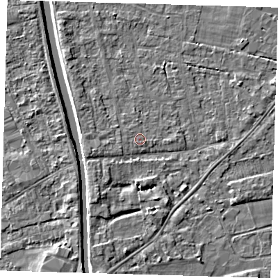 Shaded relief map of the ground around PE219DB, computed from Environment Agency LiDAR. The ground here sits at about 3 m above sea level and falls 4 m across the surrounding 800 m. The ground contributing surface water to this point lies to the north.