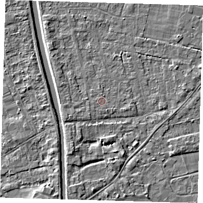 Shaded relief map of the ground around PE219DD, computed from Environment Agency LiDAR. The ground here sits at about 3 m above sea level and falls 4 m across the surrounding 800 m. The ground contributing surface water to this point lies to the north-north-east.
