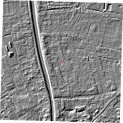Shaded relief map of the ground around PE219DF, computed from Environment Agency LiDAR. The ground here sits at about 2 m above sea level and falls 8 m across the surrounding 800 m. Surface water reaching this point runs off ground lying to the south, 1.9 m higher.