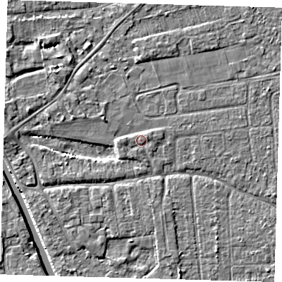 Shaded relief map of the ground around PE219DU, computed from Environment Agency LiDAR. The ground here sits at about 3 m above sea level and falls 4 m across the surrounding 800 m. Surface water reaching this point runs off ground lying to the west, 0.9 m higher.