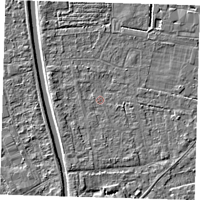 Shaded relief map of the ground around PE219DW, computed from Environment Agency LiDAR. The ground here sits at about 2 m above sea level and falls 4 m across the surrounding 800 m. Surface water reaching this point runs off ground lying to the south-south-west, 1.9 m higher.