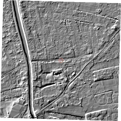 Shaded relief map of the ground around PE219EE, computed from Environment Agency LiDAR. The ground here sits at about 2 m above sea level and falls 4 m across the surrounding 800 m. Surface water reaching this point runs off ground lying to the south-west, 2.6 m higher.