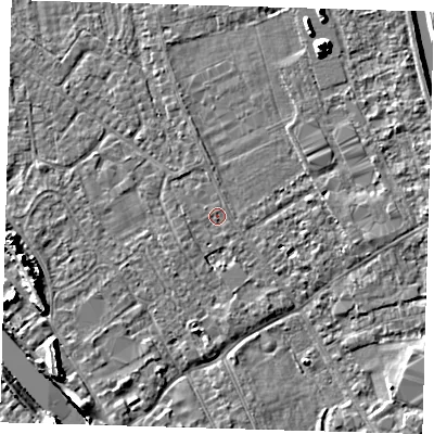 Shaded relief map of the ground around PE219ES, computed from Environment Agency LiDAR. The ground here sits at about 2 m above sea level and falls 8 m across the surrounding 800 m. The ground contributing surface water to this point lies to the south-south-east.