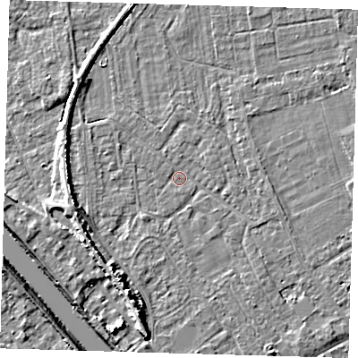 Shaded relief map of the ground around PE219ET, computed from Environment Agency LiDAR. The ground here sits at about 2 m above sea level and falls 7 m across the surrounding 800 m. Surface water reaching this point runs off ground lying to the south-west, 5.3 m higher.