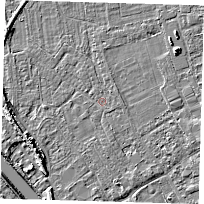 Shaded relief map of the ground around PE219EX, computed from Environment Agency LiDAR. The ground here sits at about 2 m above sea level and falls 7 m across the surrounding 800 m. The ground contributing surface water to this point lies to the south-south-east.