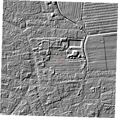 Shaded relief map of the ground around PE219FA, computed from Environment Agency LiDAR. The ground here sits at about 2 m above sea level and falls 5 m across the surrounding 800 m. Surface water reaching this point runs off ground lying to the east-north-east, 3.6 m higher.
