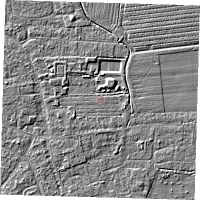 Shaded relief map of the ground around PE219FB, computed from Environment Agency LiDAR. The ground here sits at about 2 m above sea level and falls 5 m across the surrounding 800 m. Surface water reaching this point runs off ground lying to the north-north-east, 3.6 m higher.