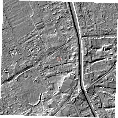 Shaded relief map of the ground around PE219FD, computed from Environment Agency LiDAR. The ground here sits at about 3 m above sea level and falls 5 m across the surrounding 800 m. The ground contributing surface water to this point lies to the north.