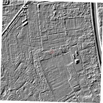 Shaded relief map of the ground around PE219HD, computed from Environment Agency LiDAR. The ground here sits at about 2 m above sea level and falls 8 m across the surrounding 800 m. Surface water reaching this point runs off ground lying to the east-south-east, 6.8 m higher.