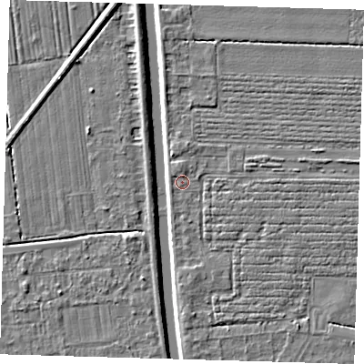 Shaded relief map of the ground around PE219HR, computed from Environment Agency LiDAR. The ground here sits at about 2 m above sea level and falls 4 m across the surrounding 800 m. Surface water reaching this point runs off ground lying to the south, 1.4 m higher.