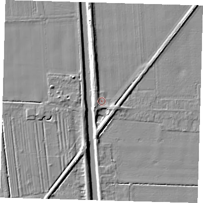 Shaded relief map of the ground around PE219HS, computed from Environment Agency LiDAR. The ground here sits at about 2 m above sea level and falls 6 m across the surrounding 800 m. Surface water reaching this point runs off ground lying to the east-south-east, 2.5 m higher.