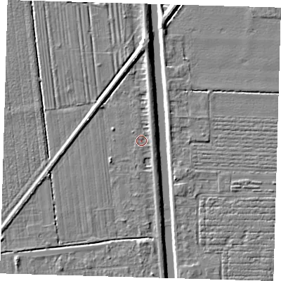 Shaded relief map of the ground around PE219HX, computed from Environment Agency LiDAR. The ground here sits at about 2 m above sea level and falls 5 m across the surrounding 800 m. Surface water reaching this point runs off ground lying to the north-north-east, 2.3 m higher.