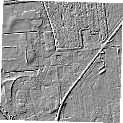 Shaded relief map of the ground around PE219JB, computed from Environment Agency LiDAR. The ground here sits at about 2 m above sea level and falls 5 m across the surrounding 800 m. Surface water reaching this point runs off ground lying to the south, 2.6 m higher.