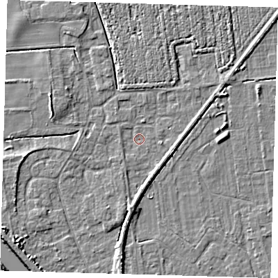 Shaded relief map of the ground around PE219JD, computed from Environment Agency LiDAR. The ground here sits at about 2 m above sea level and falls 5 m across the surrounding 800 m. Surface water reaching this point runs off ground lying to the south, 2.6 m higher.