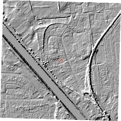 Shaded relief map of the ground around PE219JF, computed from Environment Agency LiDAR. The ground here sits at about 2 m above sea level and falls 7 m across the surrounding 800 m. Surface water reaching this point runs off ground lying to the west-south-west, 3.6 m higher.