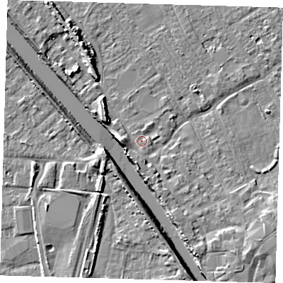 Shaded relief map of the ground around PE219JG, computed from Environment Agency LiDAR. The ground here sits at about 4 m above sea level and falls 8 m across the surrounding 800 m. Surface water reaching this point runs off ground lying to the south, 1.4 m higher.