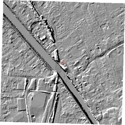 Shaded relief map of the ground around PE219JH, computed from Environment Agency LiDAR. The ground here sits at about 4 m above sea level and falls 8 m across the surrounding 800 m. Surface water reaching this point runs off ground lying to the south-south-east, 3.6 m higher.