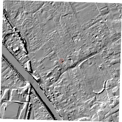 Shaded relief map of the ground around PE219JJ, computed from Environment Agency LiDAR. The ground here sits at about 3 m above sea level and falls 8 m across the surrounding 800 m. Surface water reaching this point runs off ground lying to the south-west, 1.6 m higher.