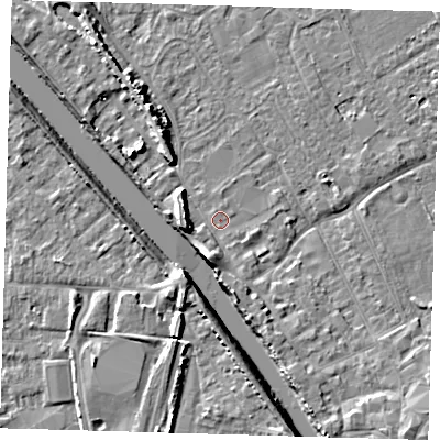 Shaded relief map of the ground around PE219JT, computed from Environment Agency LiDAR. The ground here sits at about 3 m above sea level and falls 8 m across the surrounding 800 m. Surface water reaching this point runs off ground lying to the south, 3.7 m higher.