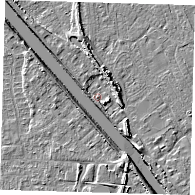 Shaded relief map of the ground around PE219JU, computed from Environment Agency LiDAR. The ground here sits at about 4 m above sea level and falls 8 m across the surrounding 800 m. Surface water reaching this point runs off ground lying to the south-east, 2.8 m higher.