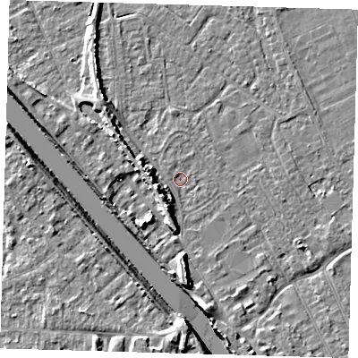 Shaded relief map of the ground around PE219LB, computed from Environment Agency LiDAR. The ground here sits at about 2 m above sea level and falls 8 m across the surrounding 800 m. Surface water reaching this point runs off ground lying to the west, 5.6 m higher.