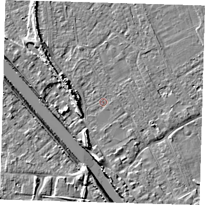 Shaded relief map of the ground around PE219LD, computed from Environment Agency LiDAR. The ground here sits at about 3 m above sea level and falls 8 m across the surrounding 800 m. Surface water reaching this point runs off ground lying to the west-north-west, 5.9 m higher.
