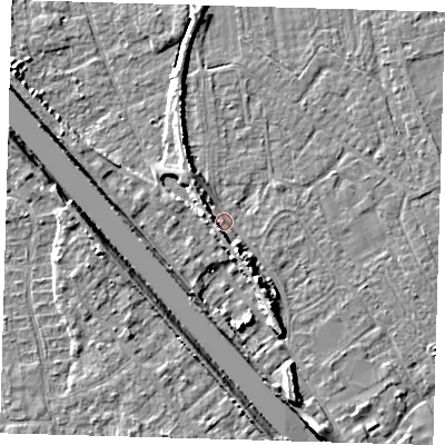 Shaded relief map of the ground around PE219LF, computed from Environment Agency LiDAR. The ground here sits at about 4 m above sea level and falls 8 m across the surrounding 800 m. Surface water reaching this point runs off ground lying to the south-south-east, 4.6 m higher.