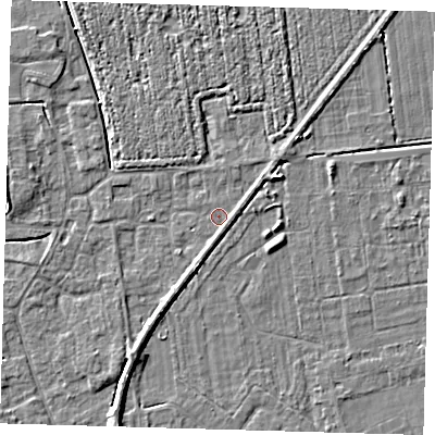 Shaded relief map of the ground around PE219LH, computed from Environment Agency LiDAR. The ground here sits at about 2 m above sea level and falls 4 m across the surrounding 800 m. Surface water reaching this point runs off ground lying to the south, 0.9 m higher.