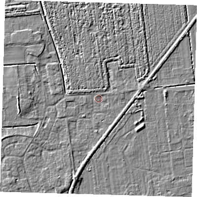 Shaded relief map of the ground around PE219LJ, computed from Environment Agency LiDAR. The ground here sits at about 2 m above sea level and falls 4 m across the surrounding 800 m. Surface water reaching this point runs off ground lying to the south-south-west, 2.6 m higher.