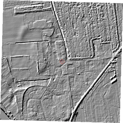Shaded relief map of the ground around PE219LL, computed from Environment Agency LiDAR. The ground here sits at about 2 m above sea level and falls 5 m across the surrounding 800 m. Surface water reaching this point runs off ground lying to the west, 4.1 m higher.