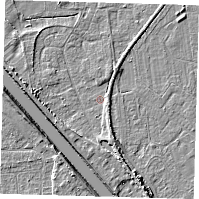 Shaded relief map of the ground around PE219LN, computed from Environment Agency LiDAR. The ground here sits at about 2 m above sea level and falls 7 m across the surrounding 800 m. Surface water reaching this point runs off ground lying to the east-south-east, 2.8 m higher.