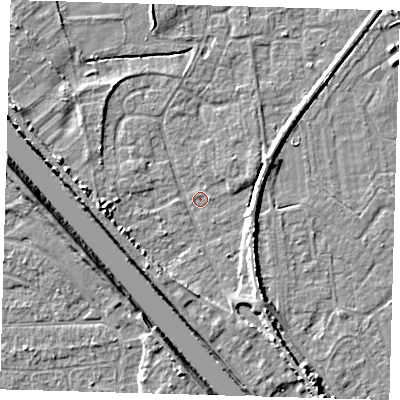 Shaded relief map of the ground around PE219LP, computed from Environment Agency LiDAR. The ground here sits at about 2 m above sea level and falls 7 m across the surrounding 800 m. Surface water reaching this point runs off ground lying to the south-south-east, 4.5 m higher.