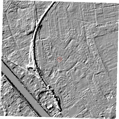 Shaded relief map of the ground around PE219LQ, computed from Environment Agency LiDAR. The ground here sits at about 2 m above sea level and falls 7 m across the surrounding 800 m. Surface water reaching this point runs off ground lying to the south-south-west, 5.3 m higher.