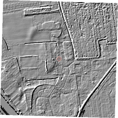 Shaded relief map of the ground around PE219LR, computed from Environment Agency LiDAR. The ground here sits at about 2 m above sea level and falls 6 m across the surrounding 800 m. Surface water reaching this point runs off ground lying to the south-west, 5.0 m higher.