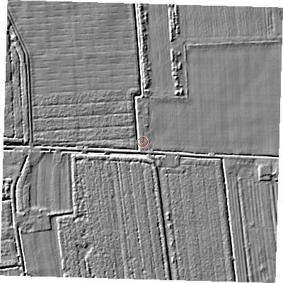 Shaded relief map of the ground around PE219LX, computed from Environment Agency LiDAR. The ground here sits at about 2 m above sea level and falls 3 m across the surrounding 800 m. Surface water reaching this point runs off ground lying to the west-south-west, 1.9 m higher.