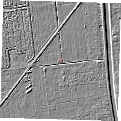 Shaded relief map of the ground around PE219LZ, computed from Environment Agency LiDAR. The ground here sits at about 2 m above sea level and falls 5 m across the surrounding 800 m. Surface water reaching this point runs off ground lying to the east-south-east, 2.2 m higher.